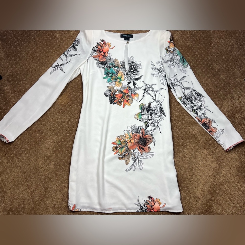 White Floral Long-Sleeve Shift Dress by Promod